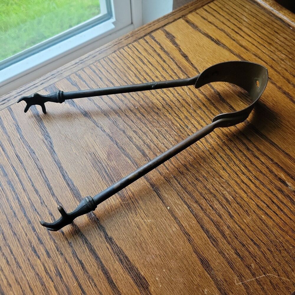 Antique 1900 Brass Fireplace tong claw foot talon grip manual open close READ